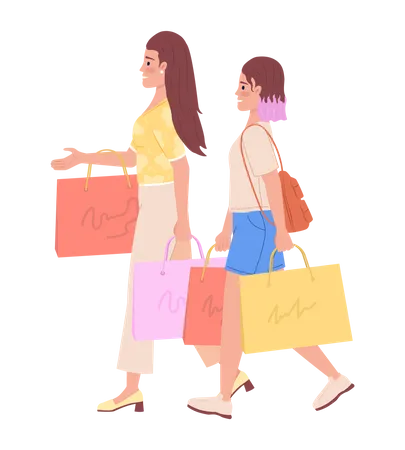 Mãe e filha modernas comprando roupas juntas  Ilustração