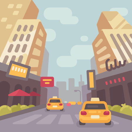 Moderne Stadtstraße mit Taxis und Wolkenkratzern mit niedriger Perspektive  Illustration