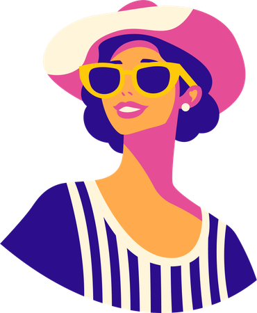 Moderne Mädchenfigur mit Sonnenbrille und Hutmode im Retrostil  Illustration