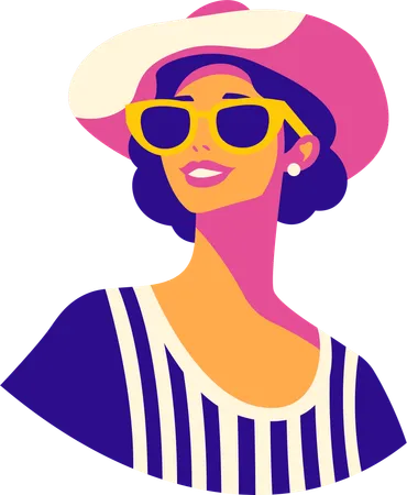 Moderne Mädchenfigur mit Sonnenbrille und Hutmode im Retrostil  Illustration