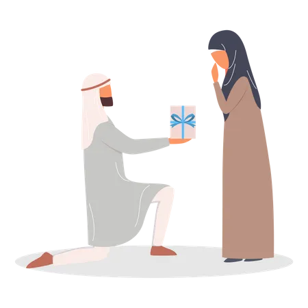 Modernes muslimisches Paar bei einem Date, das ein Geschenk überreicht  Illustration