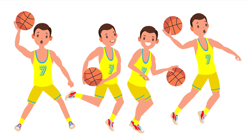 Moderno giocatore di basket uomo vettore. Concetto di sport. Salto in esecuzione con la palla. Concorso di giochi sportivi. Isolato sull'illustrazione bianca del personaggio dei cartoni animati  Illustration