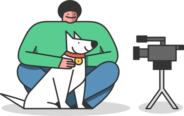 Vlogger moderno criando vídeo com cachorro para canal de blog nas redes sociais  Ilustração