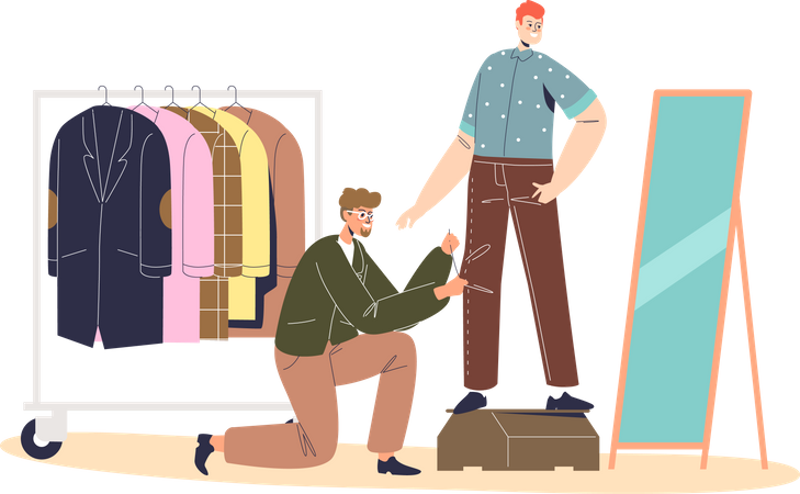 Modista masculino diseñador de ropa cosiendo prendas de vestir al cliente durante el ajuste  Ilustración