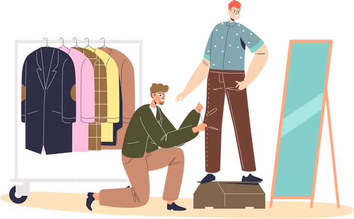 Modista masculino diseñador de ropa cosiendo prendas de vestir al cliente durante el ajuste  Ilustración