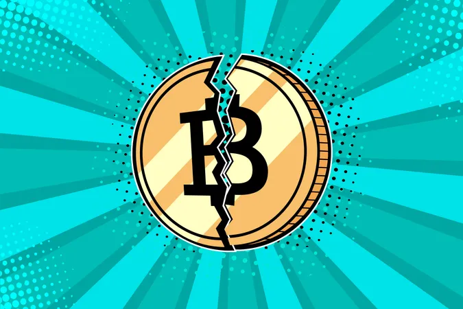 Moeda dourada do bitcoin quebrada ao meio  Ilustração