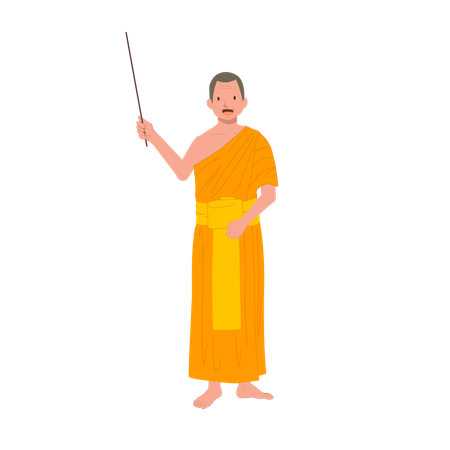 Moine thaïlandais en tant que professeur avec un bâton de pointage donnant des connaissances sur le bouddhisme  Illustration