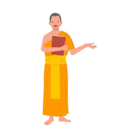 Moine thaïlandais en tant que professeur tenant un livre et donnant des connaissances sur le bouddhisme  Illustration