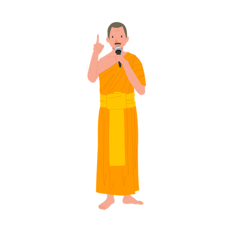 Moine thaïlandais en robes traditionnelles avec microphone parlant et donnant des connaissances sur le bouddhisme  Illustration