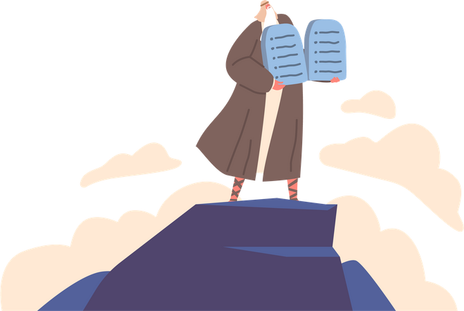 Moïse debout sur la montagne avec dix commandements  Illustration