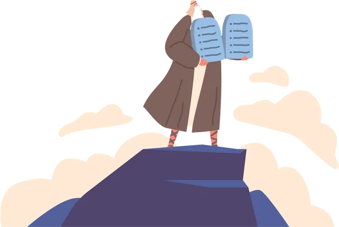 Moïse debout sur la montagne avec dix commandements  Illustration