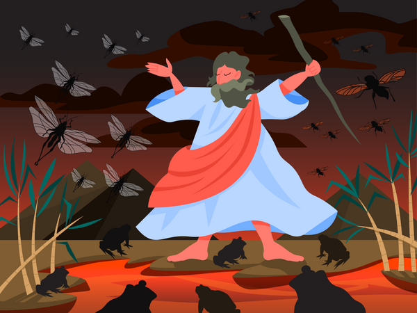 Moïse envoie une grenouille et une sauterelle en Égypte  Illustration