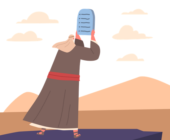 Moïse tenant des tablettes de pierre avec dix commandements au mont Sinaï  Illustration