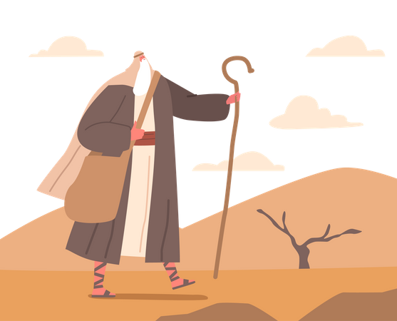El Moisés bíblico se mantiene erguido en el desierto sosteniendo un bastón  Ilustración