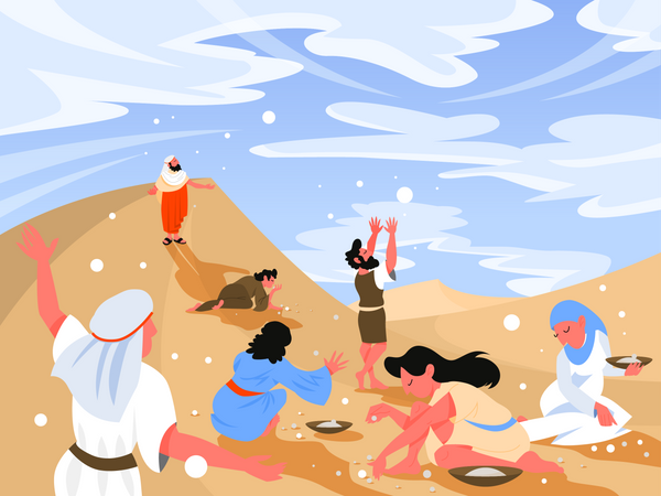 Moisés parado entre los israelitas en el desierto con la gente recogiendo el maná de Dios para alimentarlos.  Ilustración