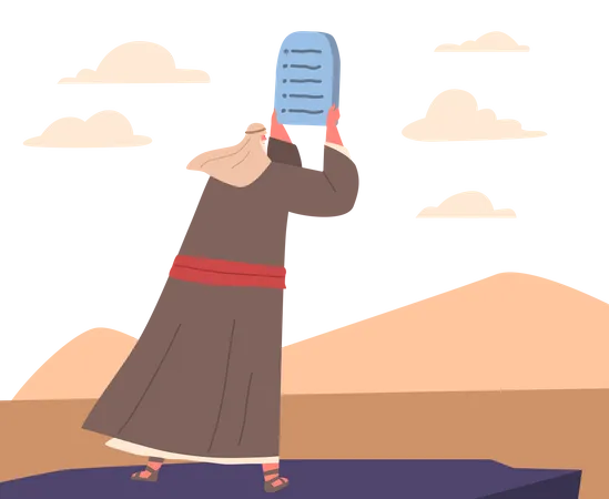 Moisés segurando tábuas de pedra com dez mandamentos no Monte Sinai  Ilustração