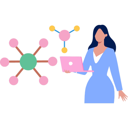 Chica mirando moléculas en una computadora portátil  Ilustración