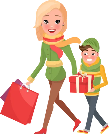 Mom And Boy With Wrapped Gift Boxes And Packages With Presents Cartoon Style Female And Male Customers Isolated Mother And Son Do Shopping Together Illustration