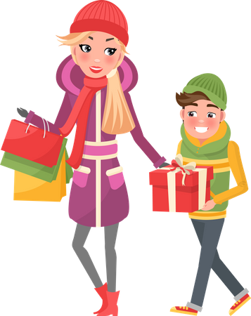 Mom and Boy doing shopping  Illustration