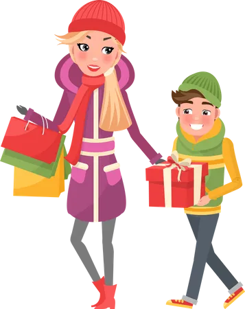 Young Mom And Boy With Wrapped Gift Boxes And Packages With Presents Cartoon Style People Customers Isolated Mother And Son Do Shopping Together Illustration