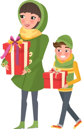 Christmas Shopping People Customers In Cartoon Style Vector Mother And Son Do Shopping Together Young Mom And Boy With Wrapped Gift Boxes Packages Illustration
