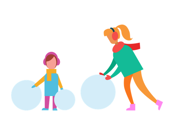 Mom and Child Making Snowman from Huge Snow Balls  Illustration