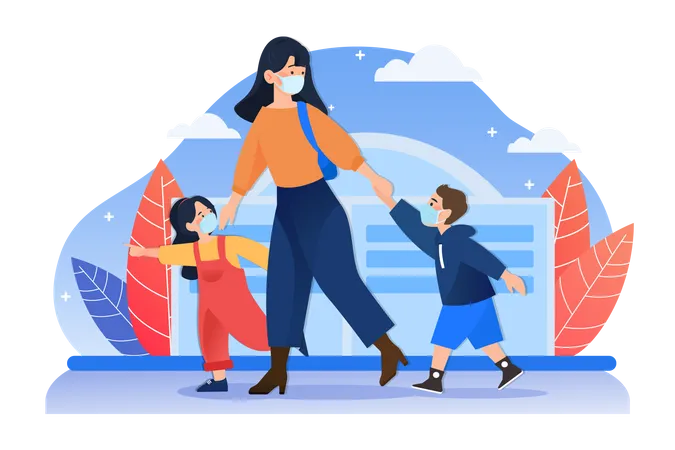 Mom and children with mask walking on street Illustration