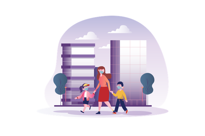 Mom and children with mask walking on street Illustration