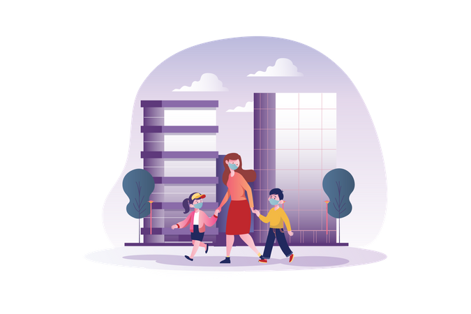 Mom and children with mask walking on street  Illustration