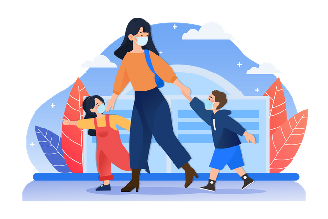 Mom and children with mask walking on street  Illustration