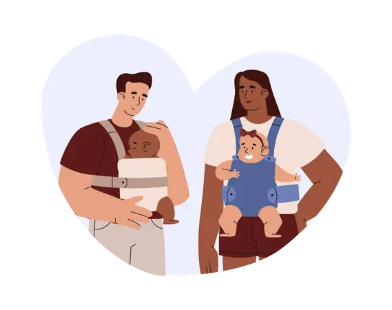 Parents Dark Skinned Mom And Dad Holding Babies In Slings Vector Hand Drawn Illustration In Cartoon Flat Style Isolated On White Background Cute Disproportionate Character Of Baby Care Concept Illustration