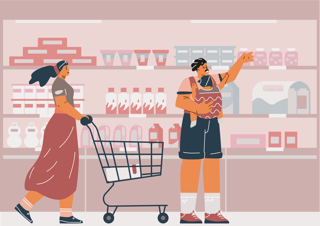 Mom and dad holding baby in carrier in store  Illustration