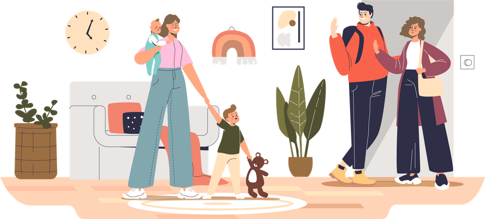 Mom and dad leaving kids with babysitter Illustration