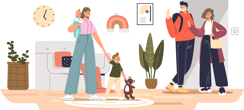 Mom and dad leaving kids with babysitter Illustration