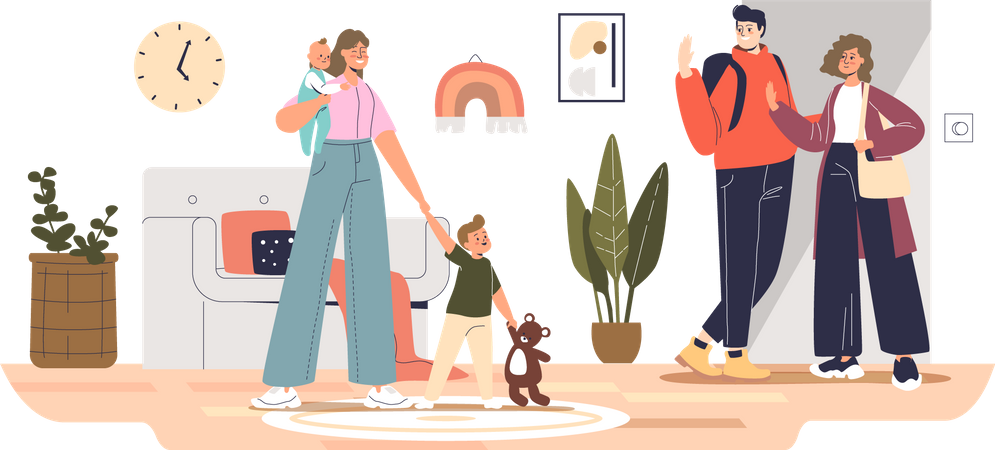 Mom and dad leaving kids with babysitter  イラスト
