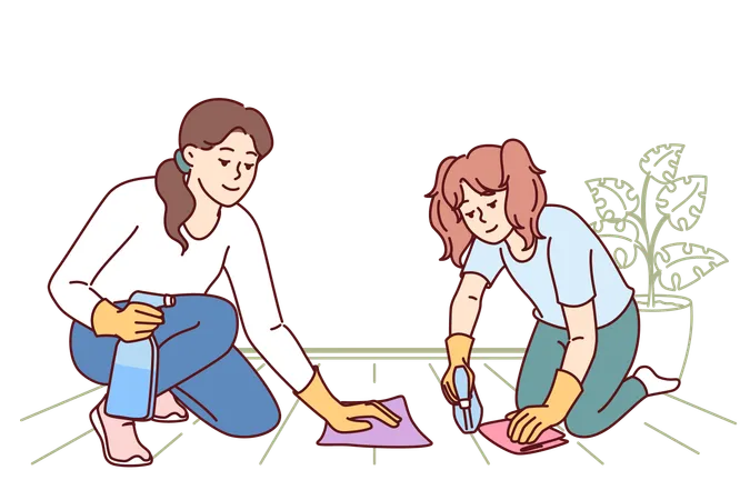 Mom And Daughter Are Cleaning Apartment Together And Washing Floor Using Stain Remover Sprayer Woman Teaches Child To Do Cleaning And Household Duties On Own Taking Care Of Girls Future Illustration