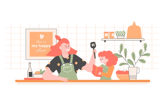 Mom and daughter are cooking together Illustration