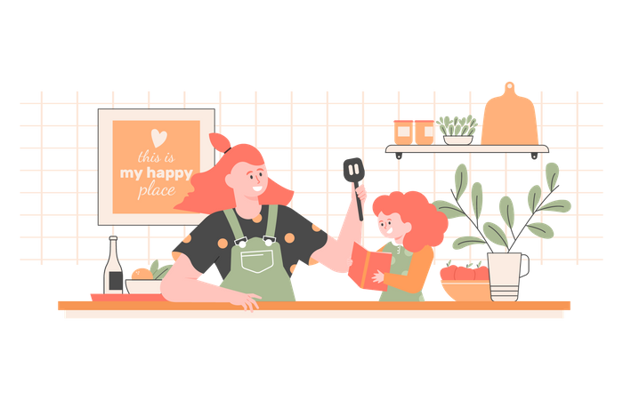 Mom and daughter are cooking together  イラスト