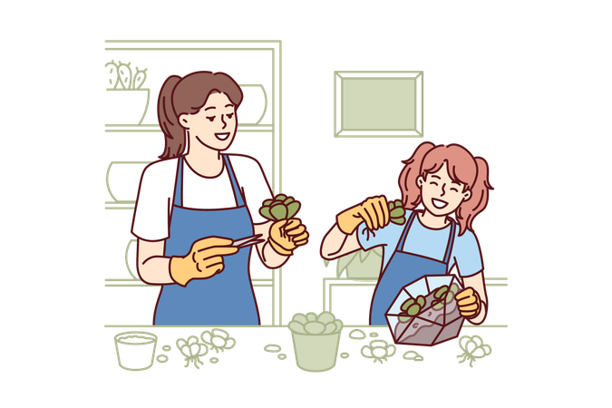 Mom and daughter are making handicrafts  일러스트레이션