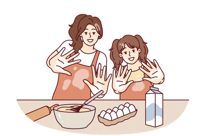 Mom And Daughter Are Preparing Breakfast Or Pastries And With Smile Show Palms Stained With Flour Woman Brings Up Little Girl Teaching How To Cook Pastries From Dough And Enjoys Raising Child Illustration