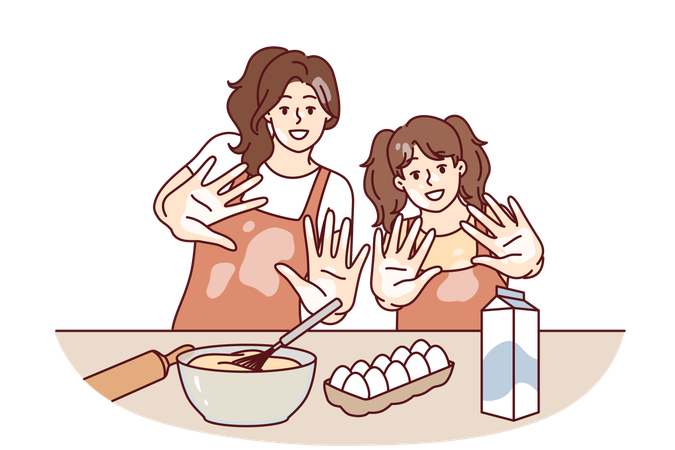 Mom and daughter are preparing cake together  Illustration