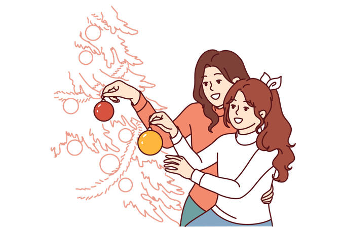 Mom and daughter decorate christmas tree  Illustration