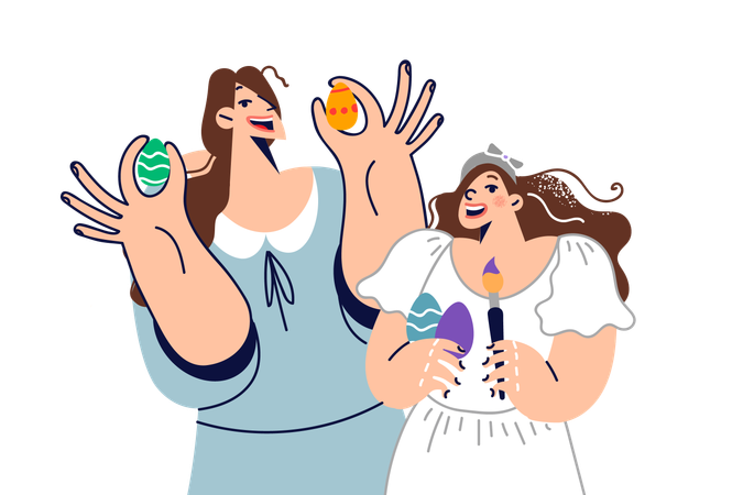 Mom and daughter decorating easter eggs  일러스트레이션