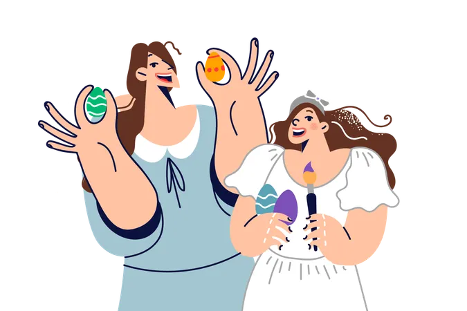 Mom And Daughter Decorate Easter Eggs Preparing For Orthodox Holiday And Hold Brushes In Hands Family Observes Christian Traditions Of Celebrating Easter On Eve Of Day Of Resurrection Of Cross 일러스트레이션