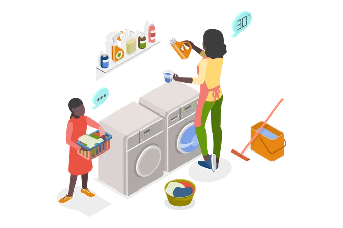 3 D Isometric Flat Vector Illustration Of Mom And Daughter Doing Housework Housekeeping Management Illustration