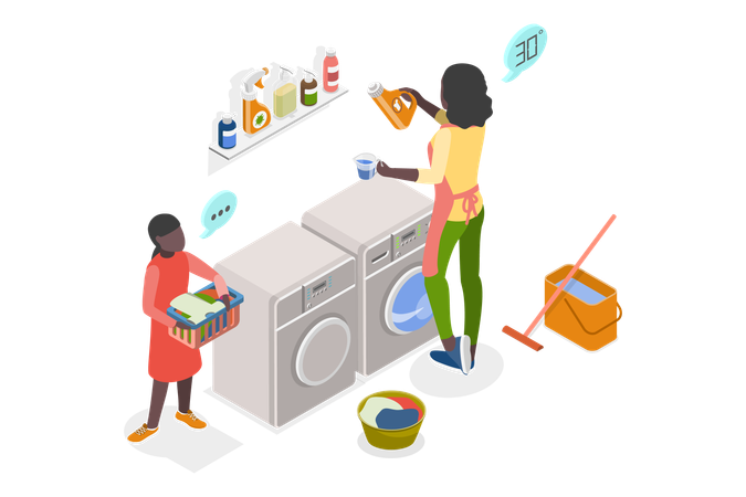 Mom And Daughter Doing Housework  일러스트레이션