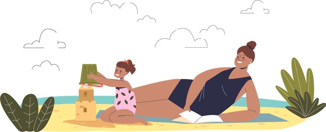 Mom and daughter enjoying summer beach  Illustration