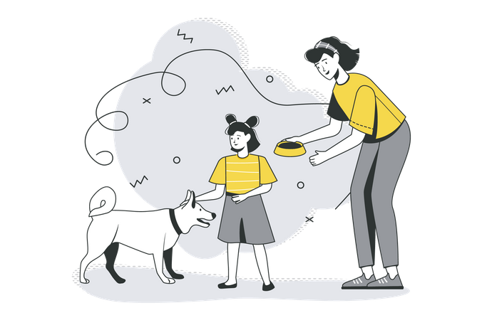 Mom And Daughter Feed Dog  Illustration