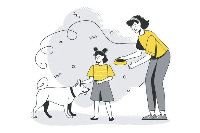 Mom And Daughter Feed Dog  Illustration