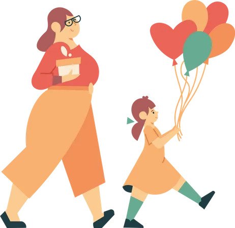Mom and daughter go to children's party Illustration